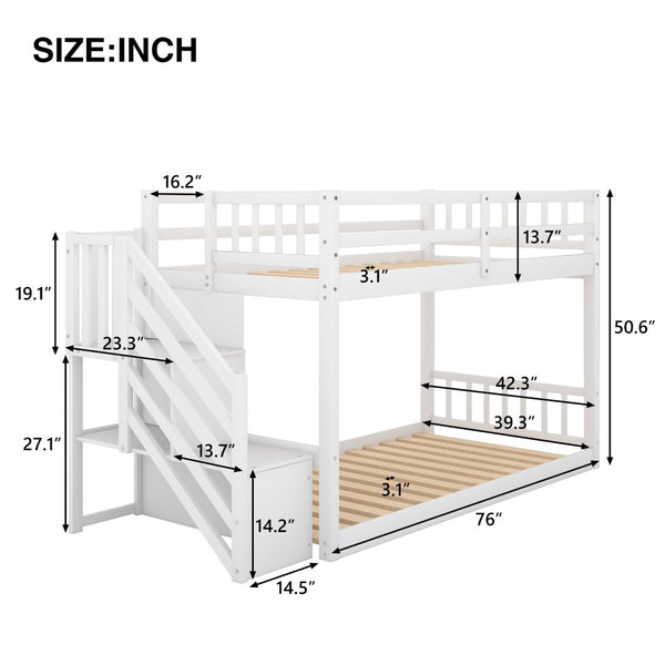 English Elm Twin Over Low Profile Floor Bunk Bed Pine Wood Frame with Storage Ladder Steps White SM000106AAK-1