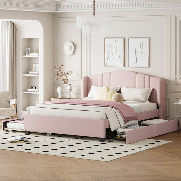 English Elm Upholstered Platform Bed with Wingback Headboard, Twin Trundle & 2 Storage Drawers, Linen Queen Frame Pink 83 L x 9.5 W x 8.75 H N733S208132H