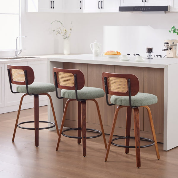 English Elm Set of 2 Swivel Counter Stools Walnut Frame Rattan Back Linen Seat Kitchen Island Light Green W1143P392164