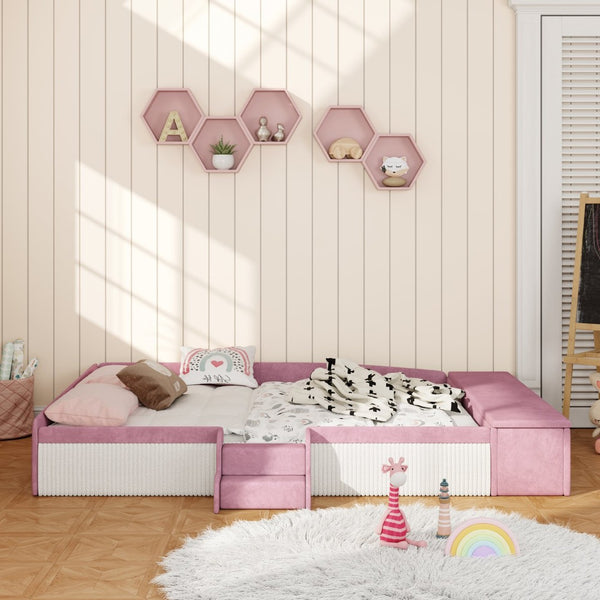 English Elm Queen Velvet Daybed with Built-in Stairs Gas Lift Storage and Padded Safety Rails Pink+White SF000203AAH