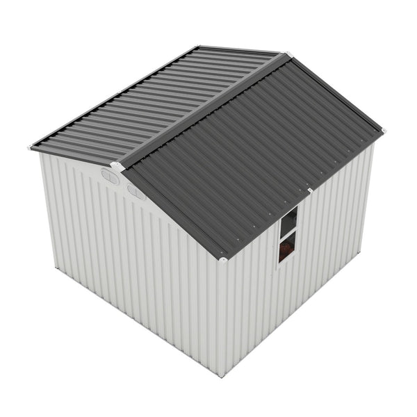 English Elm Outdoor Metal Storage Shed 8x8 Ft with Four Windows and Lockable Double Doors White W1598S00037