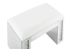 English Elm Nysa Glam Vanity Stool with Mirrored Crystal Frame and Ivory Pu Leather Seat B2726P448753