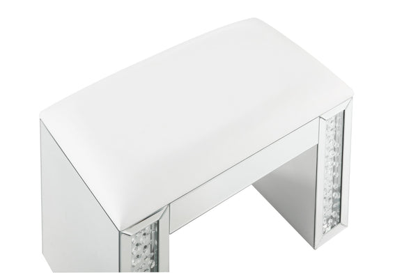 English Elm Nysa Glam Vanity Stool with Mirrored Crystal Frame and Ivory Pu Leather Seat B2726P448753