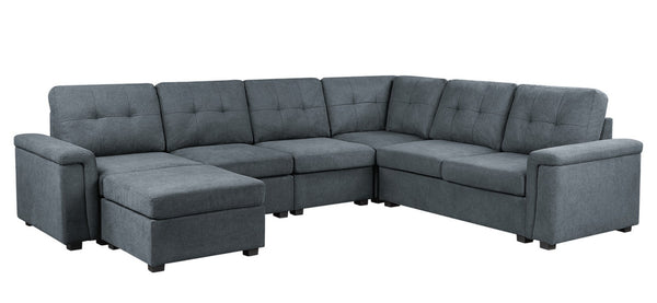 English Elm Isadora Modular 7 Seat Woven Gray Sectional with Tufted Cushions and Included Ottoman B2749S00054