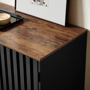 English Elm 3 Drawer Black Dresser with 4 Shelves and Slatted Grille Doors — Modern MDF Sideboard, Durable Metal Legs, Ample Storage for Bedroom & Living Room W578P193314