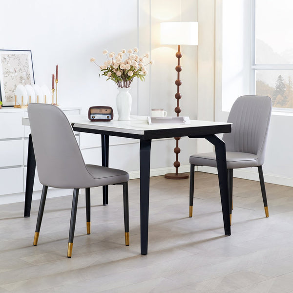 English Elm Set of 2 Dining Chairs with Thick Cushions and PU Leather Upholstery — Modern Sturdy Iron Frames for Home & Restaurant Seating LIGHT GREY N842P300567E