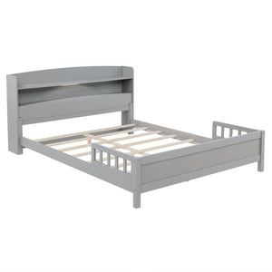 English Elm Full Pine Wood Bed with Bookcase Headboard and LED Motion Sensor Light, Guardrails & Storage Space Grey W504P277598