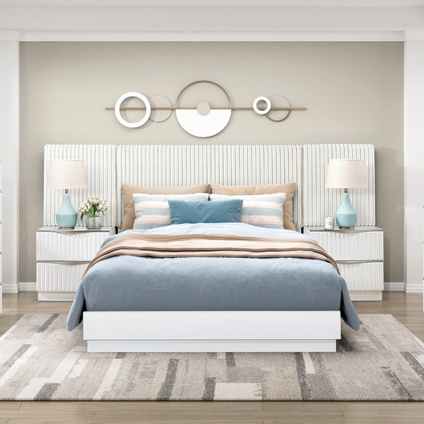 English Elm Luxurious Pearl White California King Bedroom Set with Faux Fur Headboard Wall Panel B011S02281