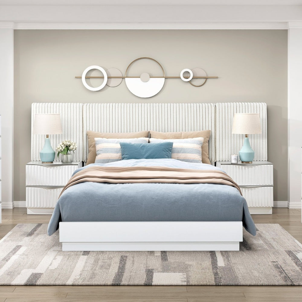 English Elm Luxurious Pearl White Glam King Bed Set Faux Fur Headboard with Flanking Wall Panels B011S02280