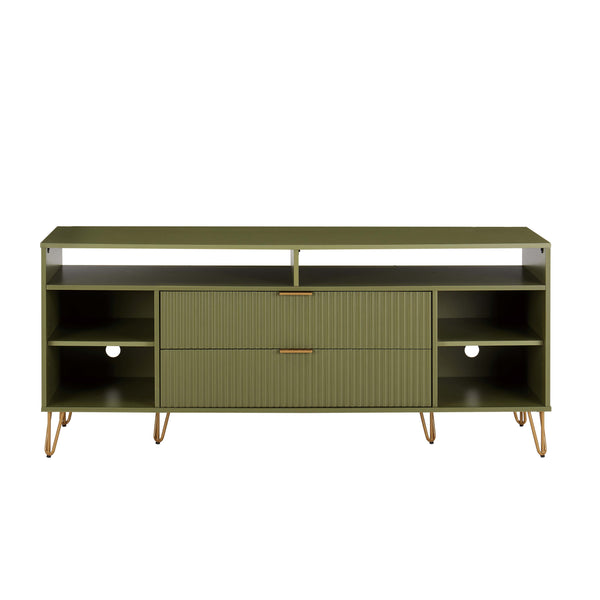 English Elm Dumbo 63" Fluted Media Console with Gold Legs, 2 Drawers, 6 Shelves & Wire Management Elegance Olive Green B365P397921