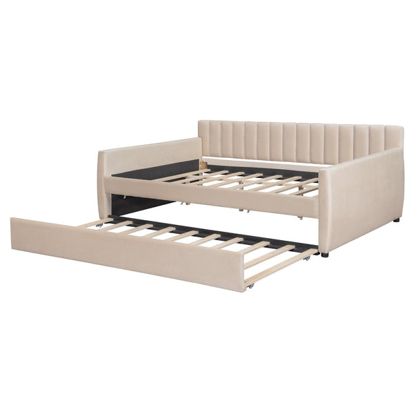 English Elm Full Size Velvet Upholstered Daybed with Pull Out Trundle and Wood Slat Support Beige LP100121AAA