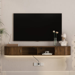English Elm Floating Wall Mounted Media Console with Led Backlighting Mid-century Curved Design Brown W1321P476922
