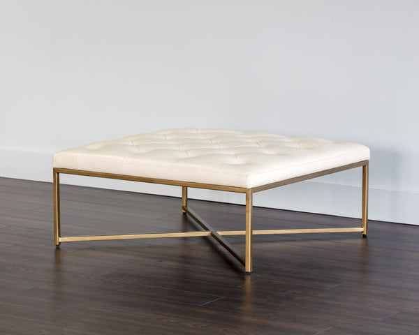 Sunpan ENDALL Ottoman - Luxurious Top-Grain Leather with Antique Brass Base for Elegant Living Spaces Cream 104089
