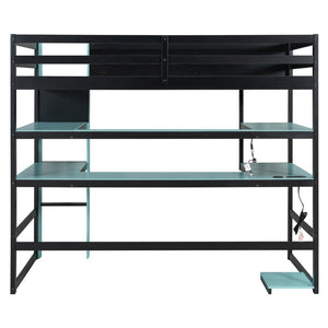 English Elm Twin Loft Bed with Rgb Lighting Usb Ports Wraparound Shelves and Gaming Desk Blue LT000298AAC