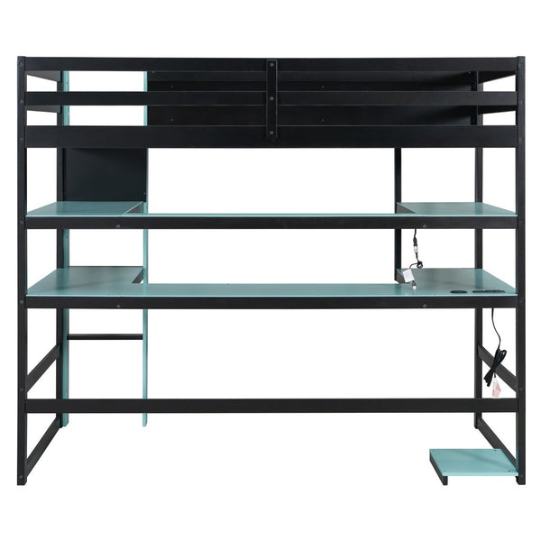 English Elm Twin Loft Bed with Rgb Lighting Usb Ports Wraparound Shelves and Gaming Desk Blue LT000298AAC