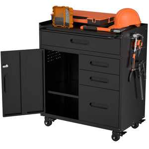 English Elm 34.3" Rolling Steel Workshop Cabinet with 3 Drawers Lockable Doors and Pegboard Sides W2735P428817