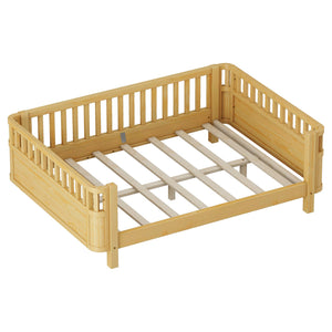 English Elm Full Full Size Wood Platform Bed for Kids with Guardrail, Solid Pine Construction, Low Profile, 350LB Capacity, Natural Finish W2593P367066