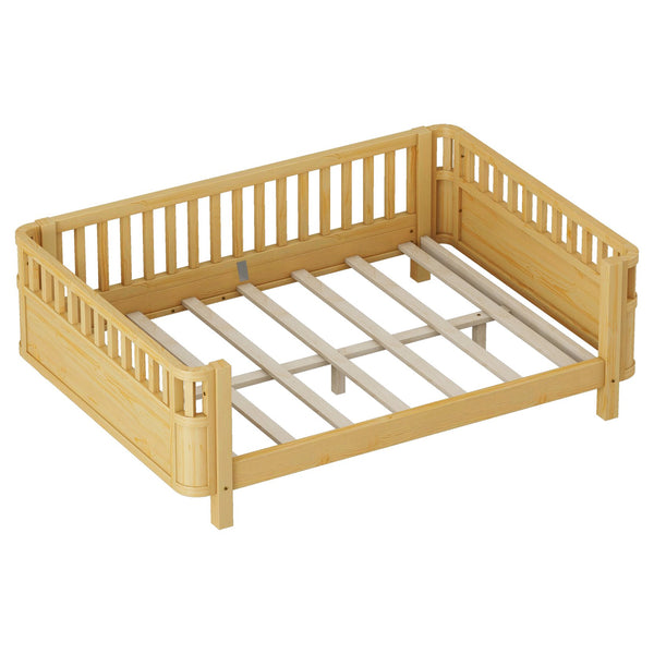 English Elm Full Full Size Wood Platform Bed for Kids with Guardrail, Solid Pine Construction, Low Profile, 350LB Capacity, Natural Finish W2593P367066