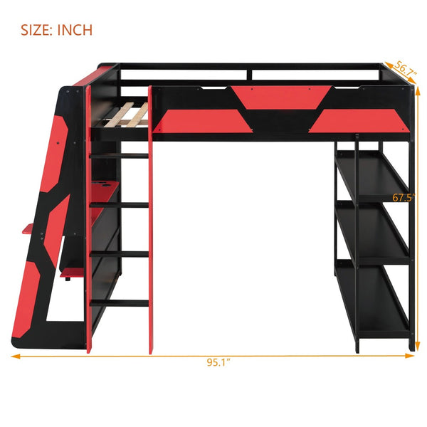 English Elm Full Size Gaming Loft Bed with Led Lighting Desk Shelves and Usb Charging Ports Black+Red N820S00076J