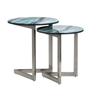 Crestview Collection Contemporary Nesting Accent Tables Set - Modern Round Design With Polished Nickel Base & Unique Aesthetic Green Metal Cvfzr6199