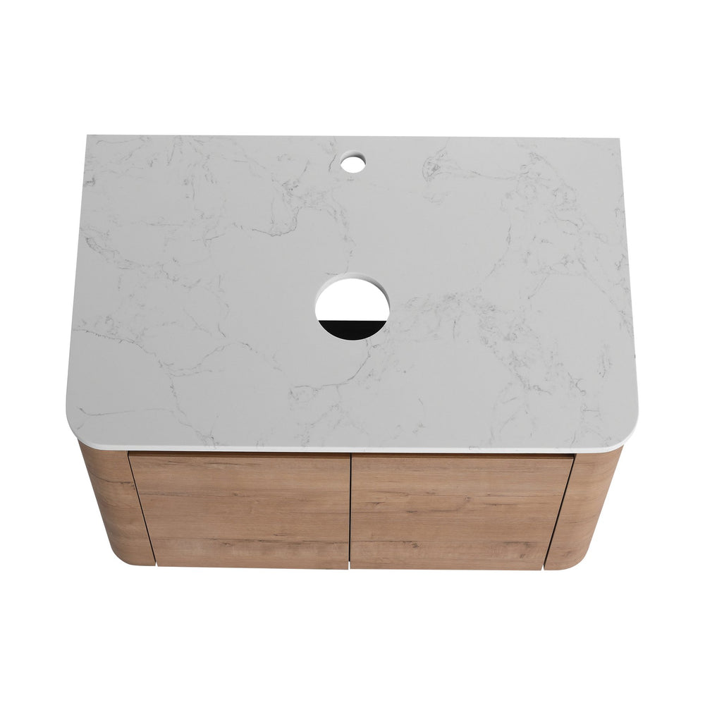 English Elm 30'' Wall-Mounted Bathroom Vanity with Soft-Close Doors, Rounded Edges, Plywood Durability, Space-Saving Imitative Oak W999P348977