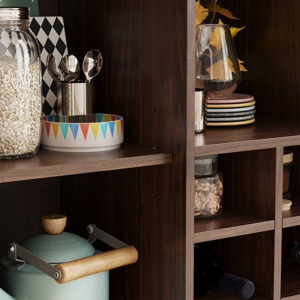 English Elm Rattan Cane Front Sideboard with Drawers Adjustable Shelf Bohemian Storage Cabinet Walnut T3623P434765