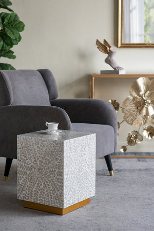 English Elm 14x14x18" Capiz Stool with Ogee Pattern and Brass Base — Modern Geometric Accent Seat for Living Spaces Cream White,Gold W2078P326594