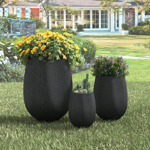 English Elm U_style Egg Shaped Mgo Stone Look Planters Set of 3 Sculptural Pots for Patio Garden N711P406659B