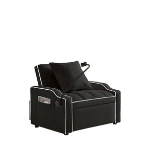 English Elm Sleeper Sofa Chair Velvet Convertible Armchair with Usb Charging for Small Spaces Black W1359P458672