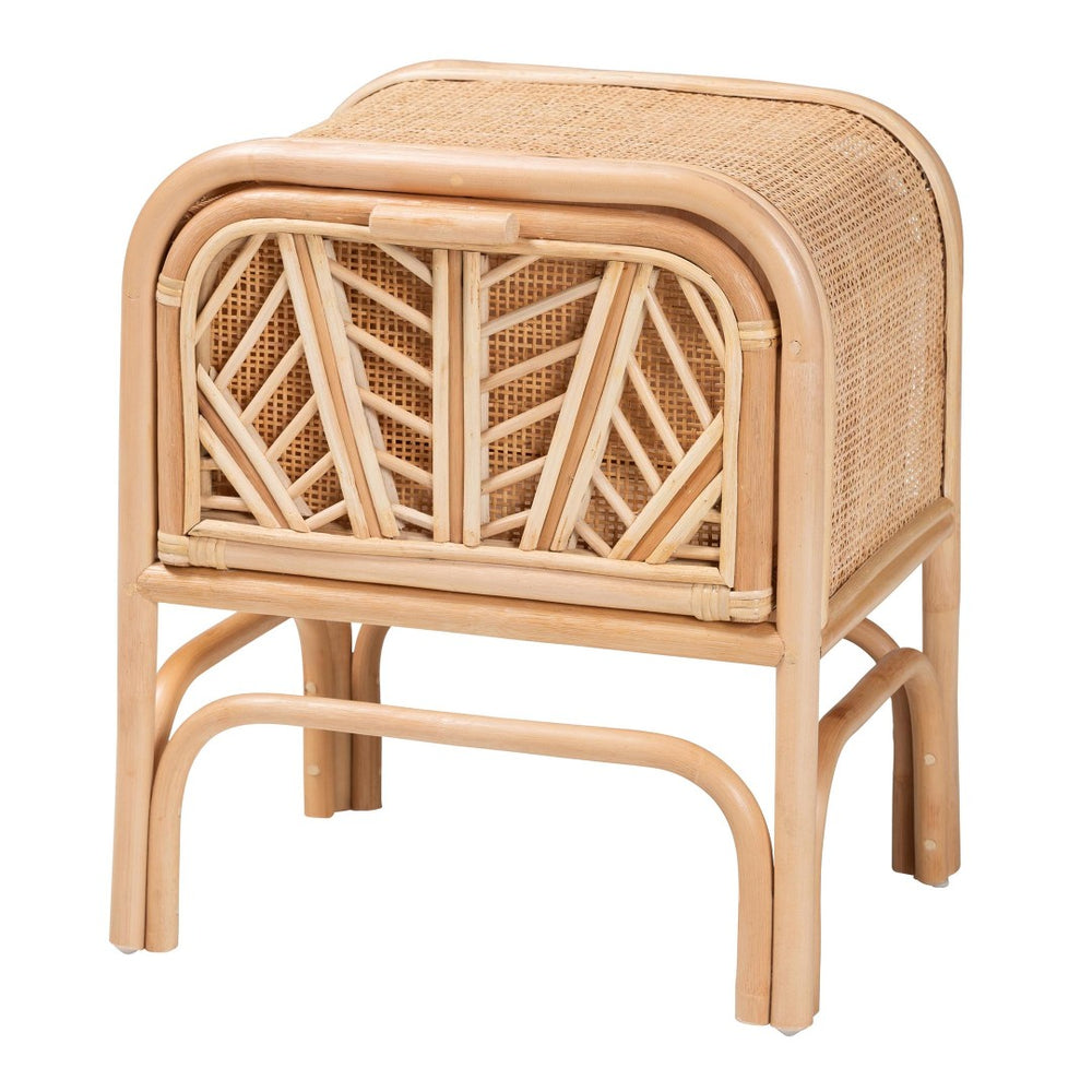 English Elm Bohemian Woven Rattan Nightstand with Geometric Drawer for Organic Bedroom Styling B2750P467734