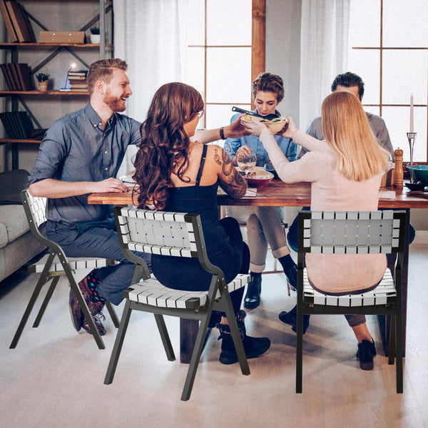 English Elm Wood Folding Dining Chairs Woven Rattan Seat Webbing Back Teak Finish Set of 2 T3623P431374