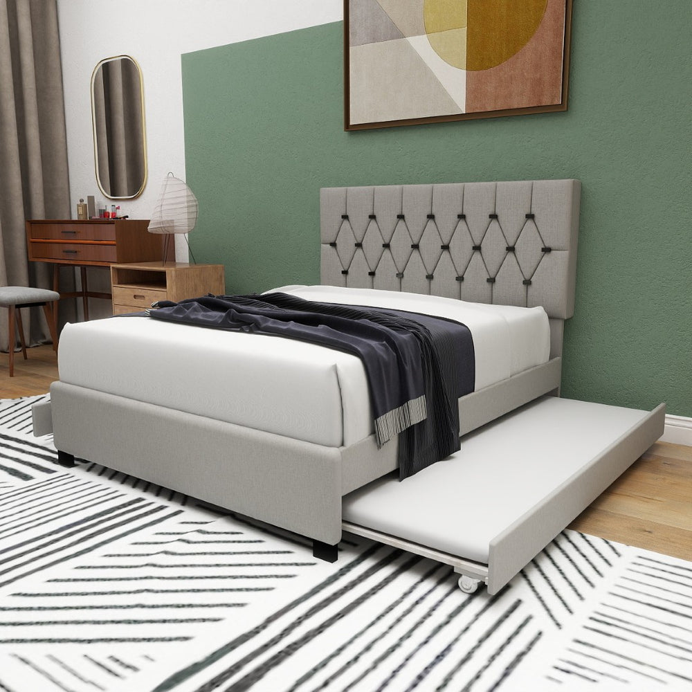 English Elm Gray Velvet Queen Platform Bed with Gold Tufted Headboard Trundle and Storage Drawers W1867S00023