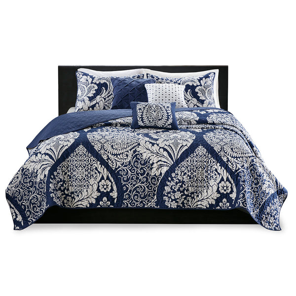 JLA Home Madison Park - 6 Piece Printed Cotton Quilt Set Madison Park Vienna — Reversible Damask Sateen Quilt with 3 Embroidered Pillows Indigo MP13-5578