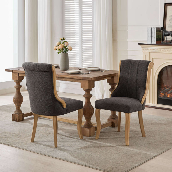 English Elm Snow Velvet dining chair with mid-century curved wood trim, plush foam support, sturdy solid wood craftsmanship and sculpted legs for elegant dining and lounge seating Gray W1143P332692