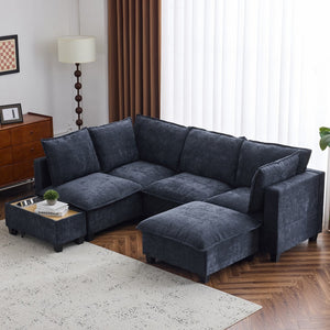 English Elm 90" U-shaped Sectional Sofa Modular Couch with Movable Ottoman, Hidden Charging Coffee Table, Durable Comfort Blue N719S001780C