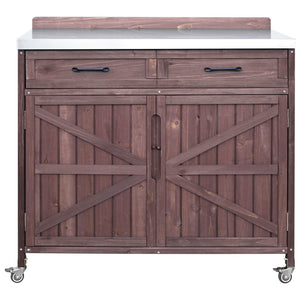 English Elm K&k Outdoor Prep Station Stainless Steel Top Fir Wood Cabinet with Drawer and Wheels Dark Brown N707P370273Z