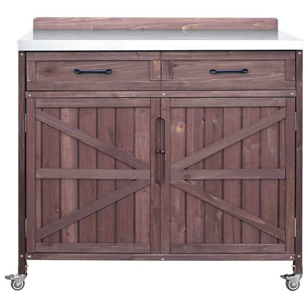 English Elm K&k Outdoor Prep Station Stainless Steel Top Fir Wood Cabinet with Drawer and Wheels Dark Brown N707P370273Z