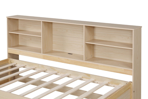 English Elm Twin Storage Bed with Bookcase Headboard Built-in Usb Charging and Two Drawers Natural W697S00038