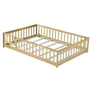 English Elm Twin Size Rubberwood Floor Bed with Safety Fence for Toddler Rooms Natural Finish W504P370533