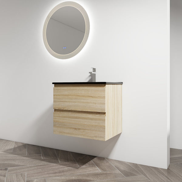 English Elm 24" Wall-Mounted Bathroom Vanity With Black Sink, 2 Soft-Close Drawers - Ideal For Compact Spaces! W999S00192