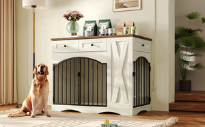 English Elm Go Farmhouse Wooden Dog Crate End Table with 3 Drawers and Built-in Pet Feeder N704P371282D