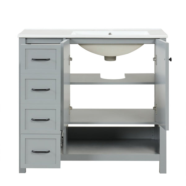 English Elm 36" Freestanding Bathroom Vanity Solid Wood Mdf Cabinet Ceramic Undermount Sink Open Shelf Grey N725P364203E