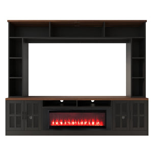 English Elm U-can Modern Farmhouse Wall Unit with Electric Fireplace Bookshelves and Glass Cabinet Doors Black+Brown SJ000153AAAB