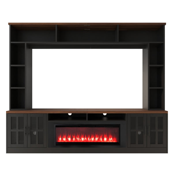English Elm U-can Modern Farmhouse Wall Unit with Electric Fireplace Bookshelves and Glass Cabinet Doors Black+Brown SJ000153AAAB