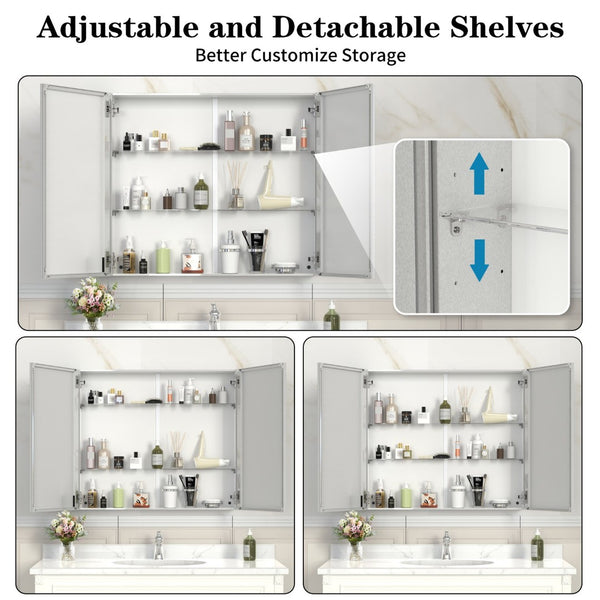 English Elm 32'' Aluminum Medicine Cabinet Wall Mount Bathroom Mirror with Adjustable Shelves Silver W708P379207