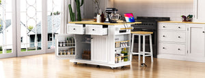 English Elm 48 Inch Rolling Kitchen Island Drop Leaf Prep Cart with Power Outlets and Open Shelving White N707S257057W