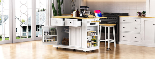 English Elm 48 Inch Rolling Kitchen Island Drop Leaf Prep Cart with Power Outlets and Open Shelving White N707S257057W