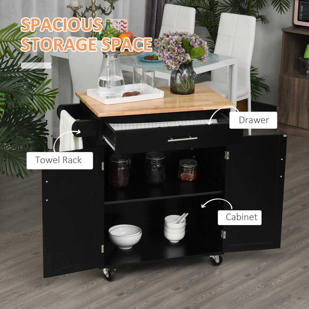 English Elm HOMCOM Mobile Kitchen Island Cart with Drawer & Cabinet, Rubberwood Countertop, Towel Rack, Black W2225P173900