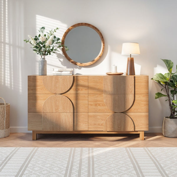 English Elm Modern Fluted 6 Drawer Dresser with Solid Wood Legs Japandi Chest for Bedroom Natural N739S0000013W