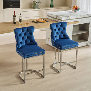 English Elm 25" High Back Velvet Counter Stools Set of 2 with Deep Button Tufting, Spring-Cushion Comfort & Chrome Base Blue W1143P217852
